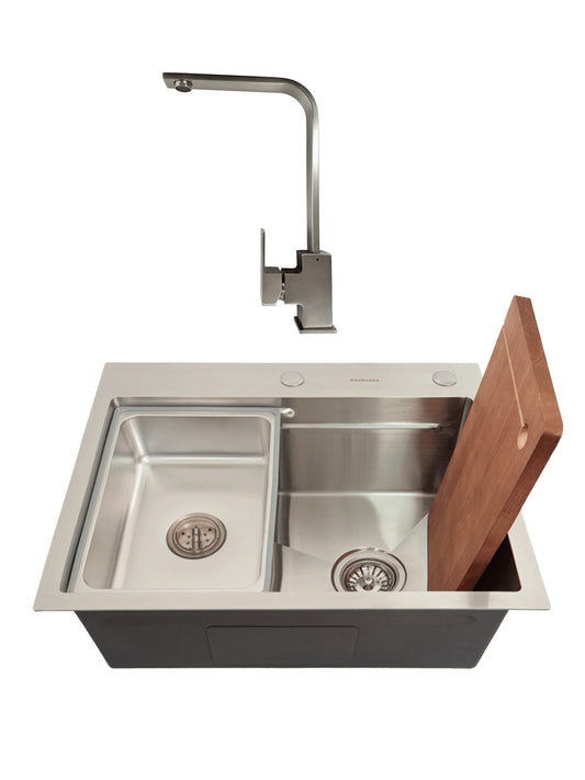 SET Chiuveta SanDonna HD6050 din inox handmade cu dozator de sapun si tavita de scurgere + Baterie SanDonna Nera pivotanta - Inox