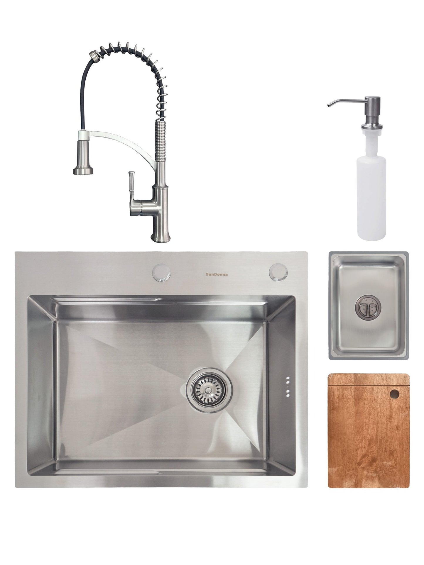 SET Chiuveta SanDonna HD6050 din inox handmade cu dozator de sapun si tavita de scurgere + Baterie flexibila SanDonna MONA crom - Inox