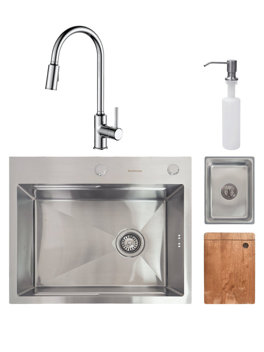 SET Chiuveta SanDonna HD6050 din inox handmade cu dozator de sapun si tavita de scurgere + Baterie flexibila SanDonna CAMI crom - Inox