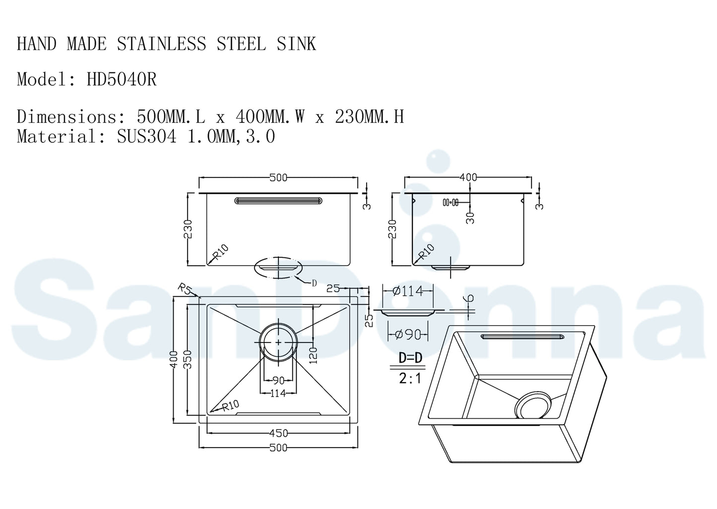 SET Chiuveta SanDonna HD5040 aurie din inox HandMade sub blat + Baterie SanDonna ANDRA flexibila, auriu-alb