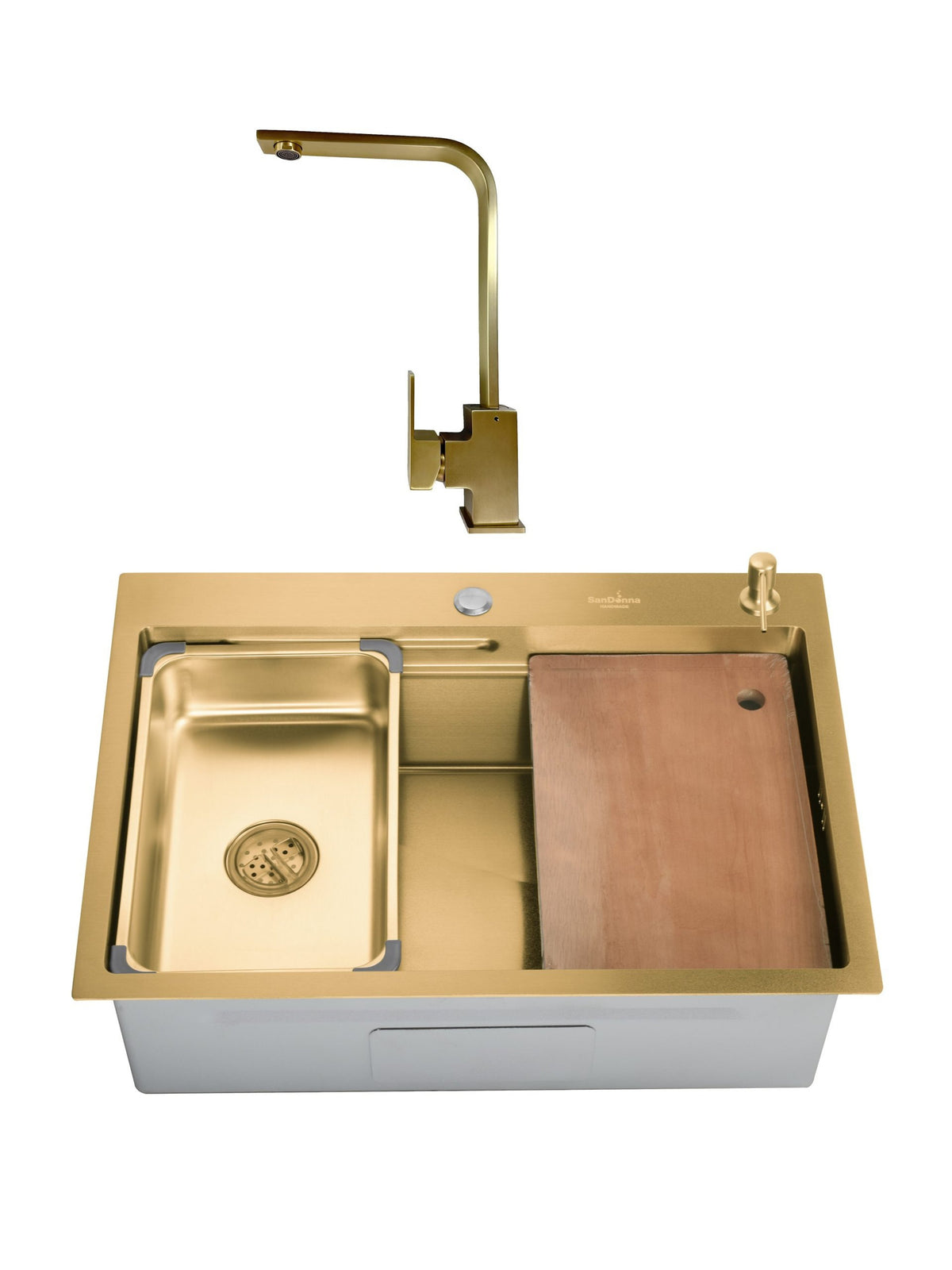 Chiuveta de bucatarie handmade Sandonna HD7050 cu tavita, tocator si dispenser de sapun incluse + Baterie Nera pivotanta - Auriu