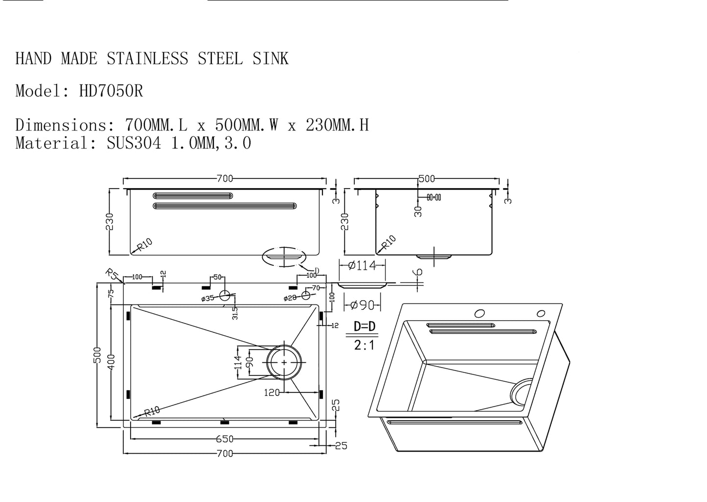 SET Chiuveta SanDonna HD7050 auriu din inox handmade cu dozator de sapun, tavita de scurgere si tocator + Baterie flexibila SanDonna ANDRA auriu negru flexibila