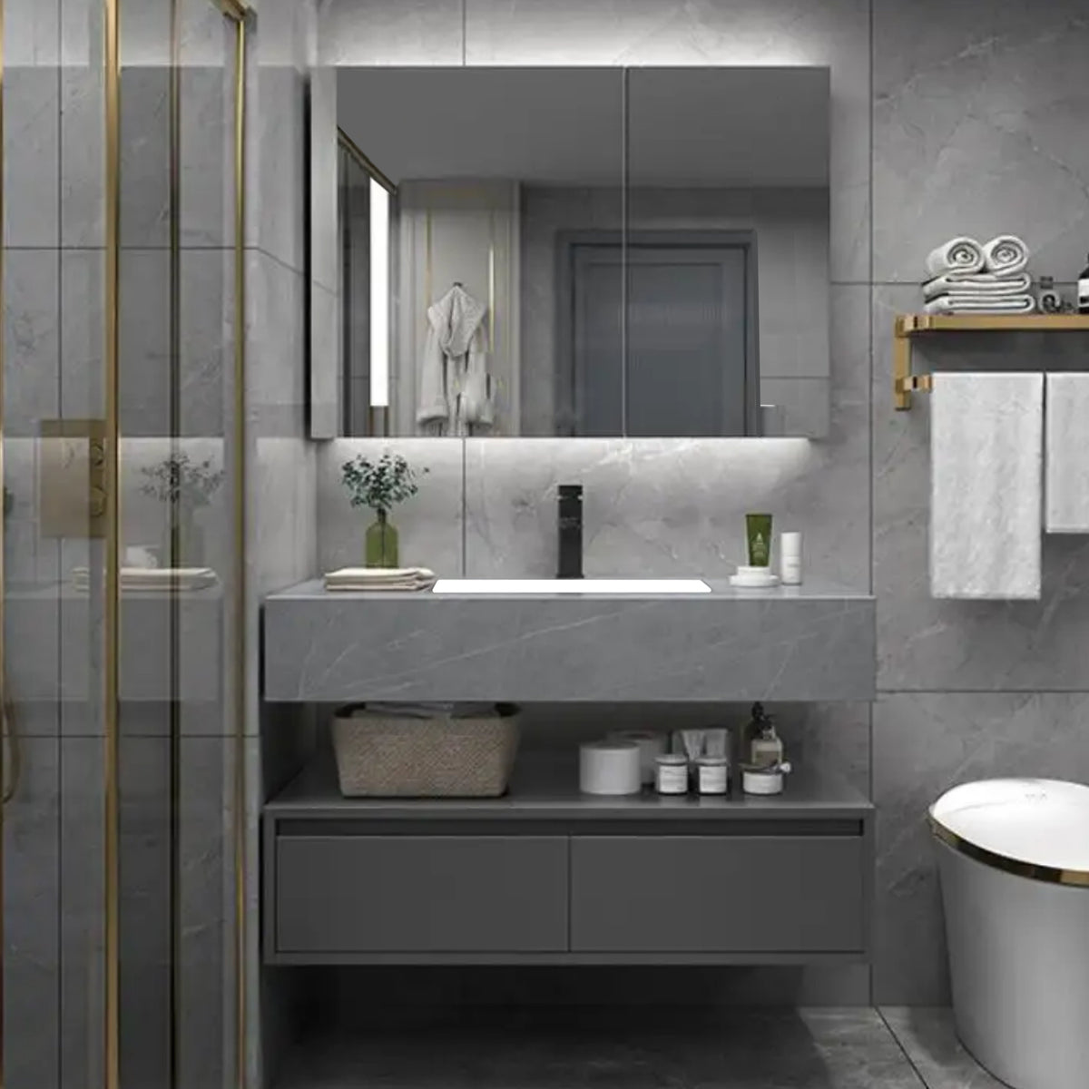 Set Baie NOVA Gri 60x50x15 cm, Oglinda LED, Lavoar Piatra Sinterizata
