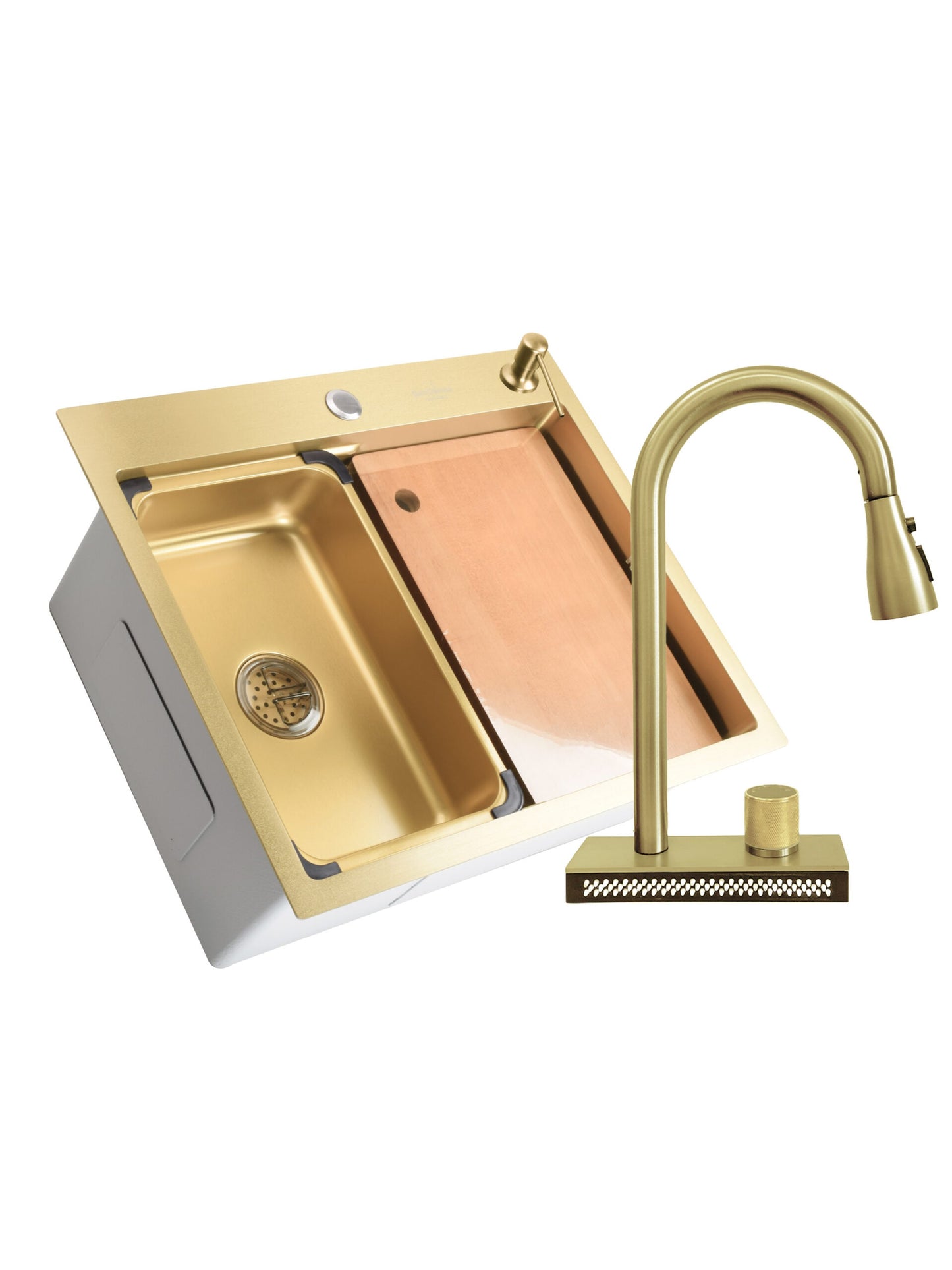 SET Chiuveta SanDonna HD6050 din inox handmade cu dozator de sapun, tocator si tavita de scurgere + Baterie multifunctionala SanDonna Aster cu cascada si dus extractabil - Auriu