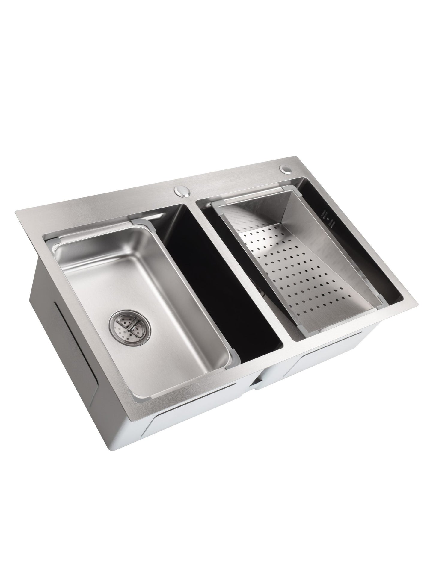 Chiuveta de bucatarie handmade Sandonna HD7850DR cu 2 cuve, tavite si dispenser de sapun incluse - Inox