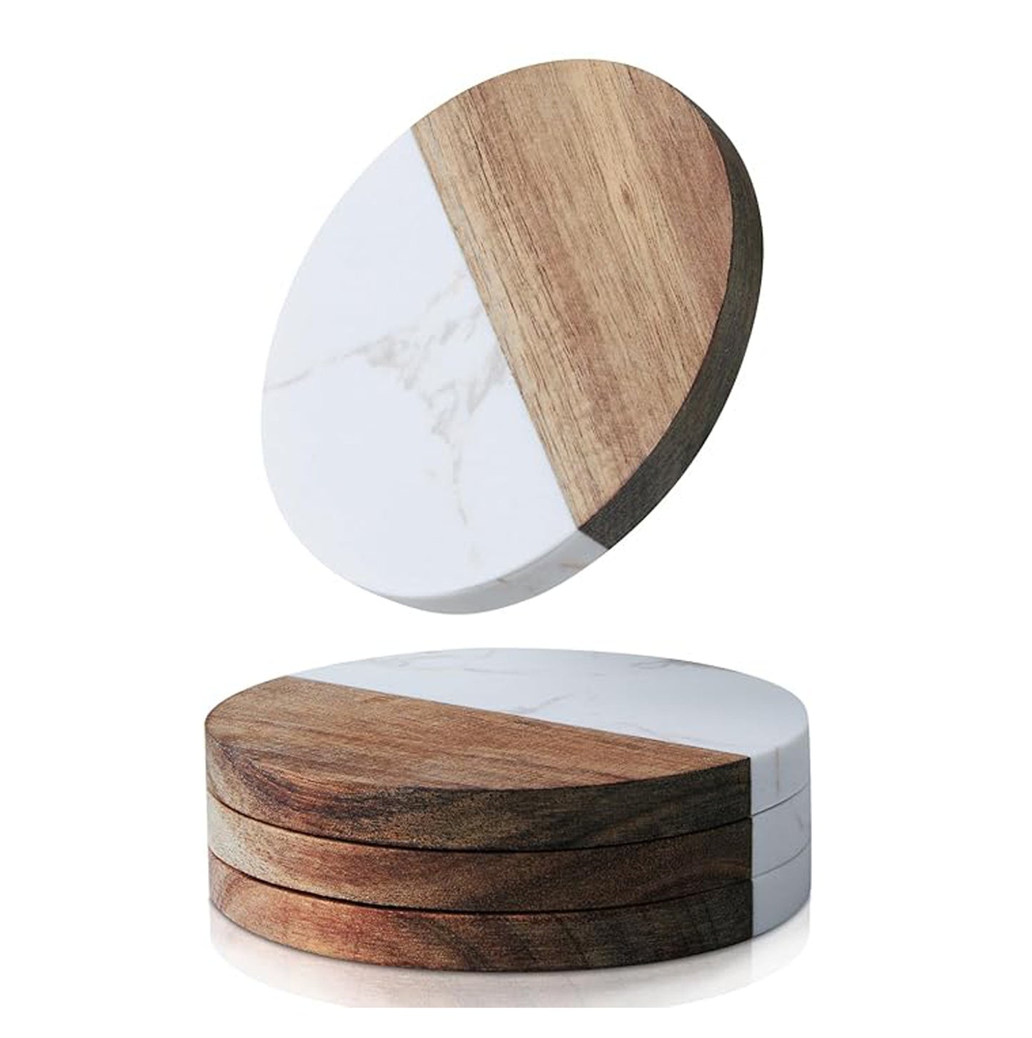 Suport de pahare rotund din marmura si lemn SanDonna - Alb