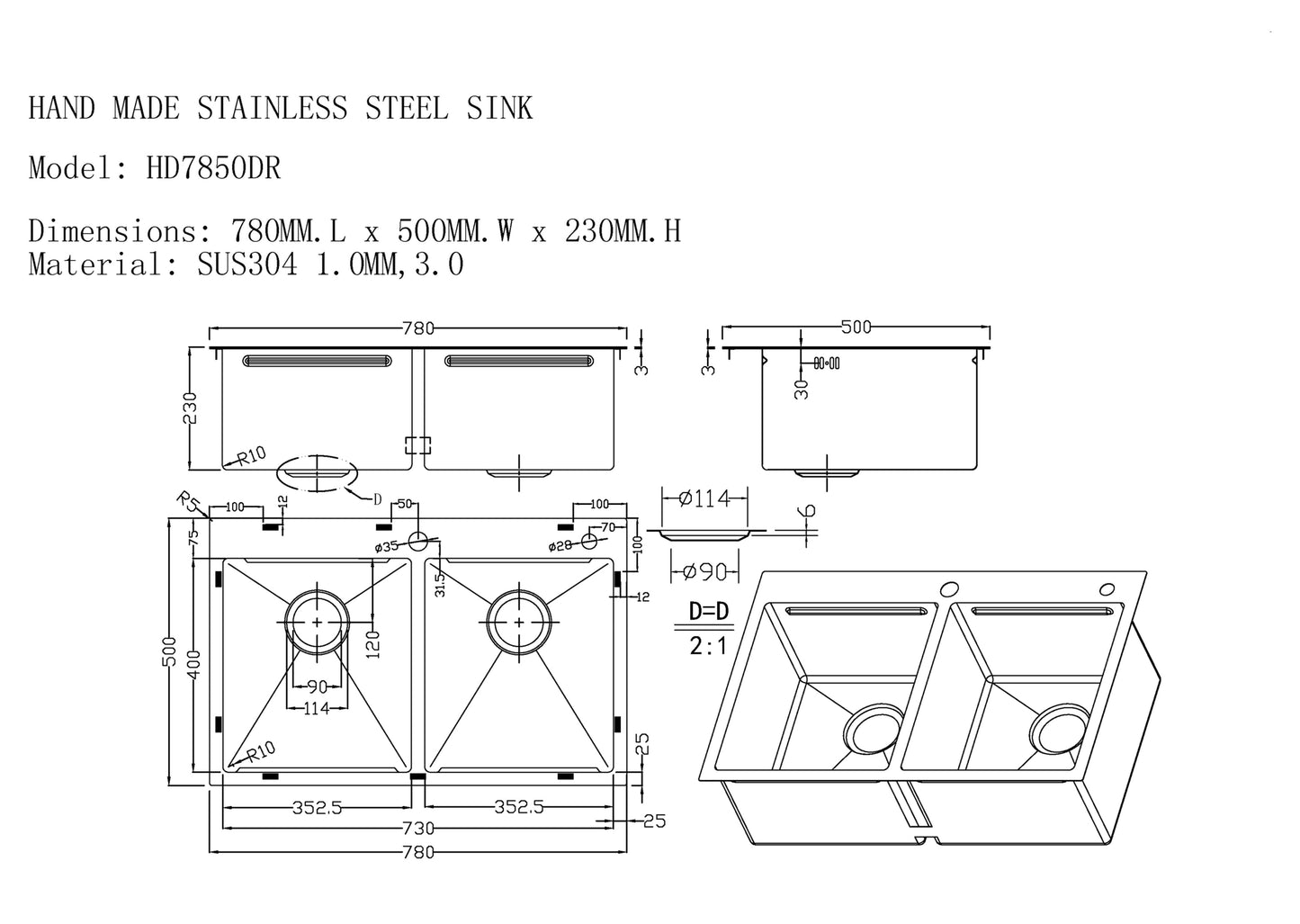 SET Chiuveta SanDonna HD7850DR auriu din inox handmade cu 2 cuve, dozator de sapun, tavita de scurgere + Baterie flexibila SanDonna ANDRA auriu negru flexibila
