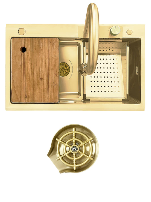 PACHET Chiuveta de bucatarie multifunctionala handmade din inox Sandonna HD6850 cu baterie, tavite de scurgere si dispenser de sapun + spalator de pahare - Auriu