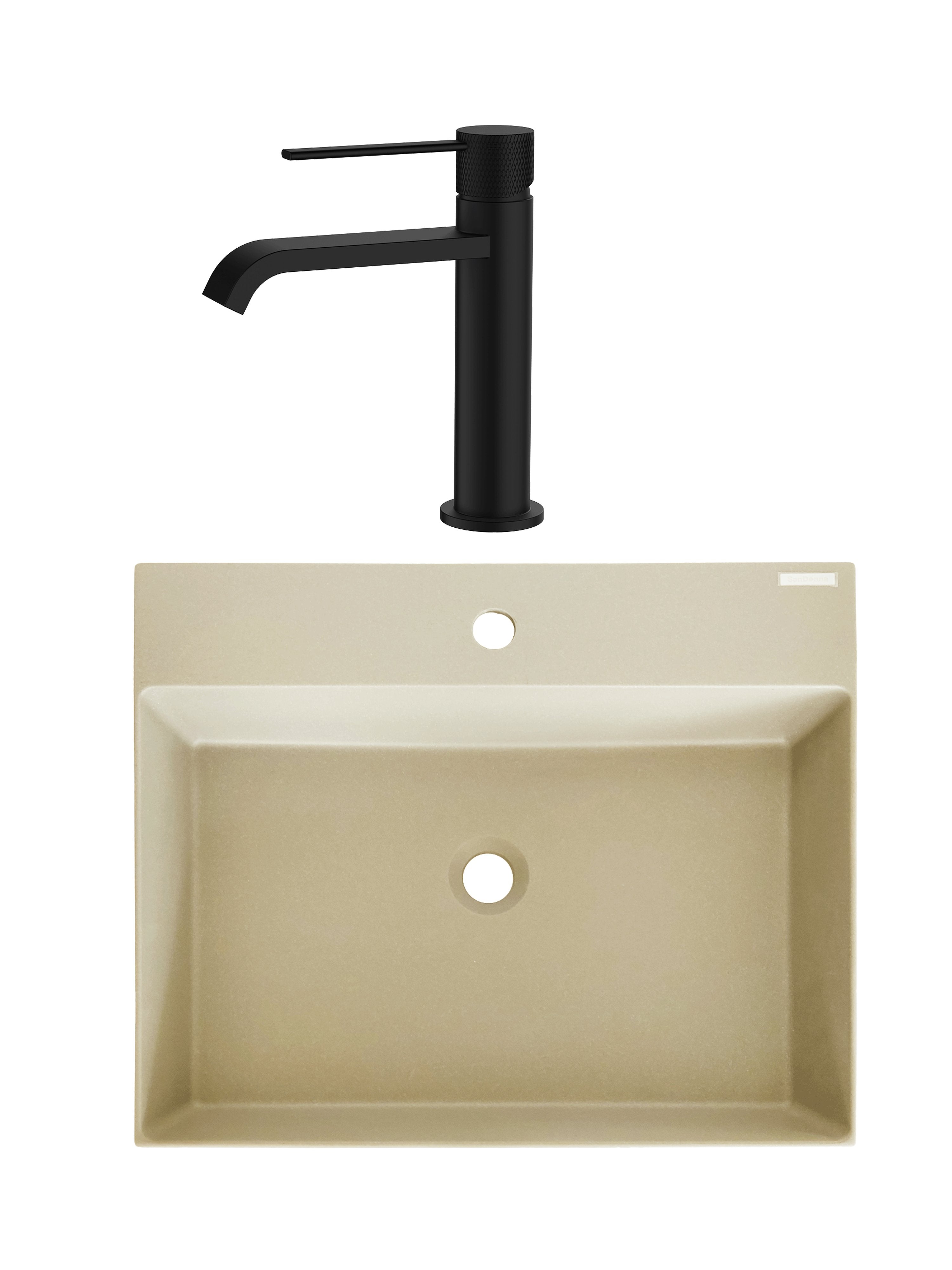 SET Lavoar de baie din granit compozit Sencillo + Baterie Agata negru - Bej