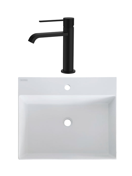 SET Lavoar de baie din granit compozit Sencillo + Baterie Agata negru - Alb