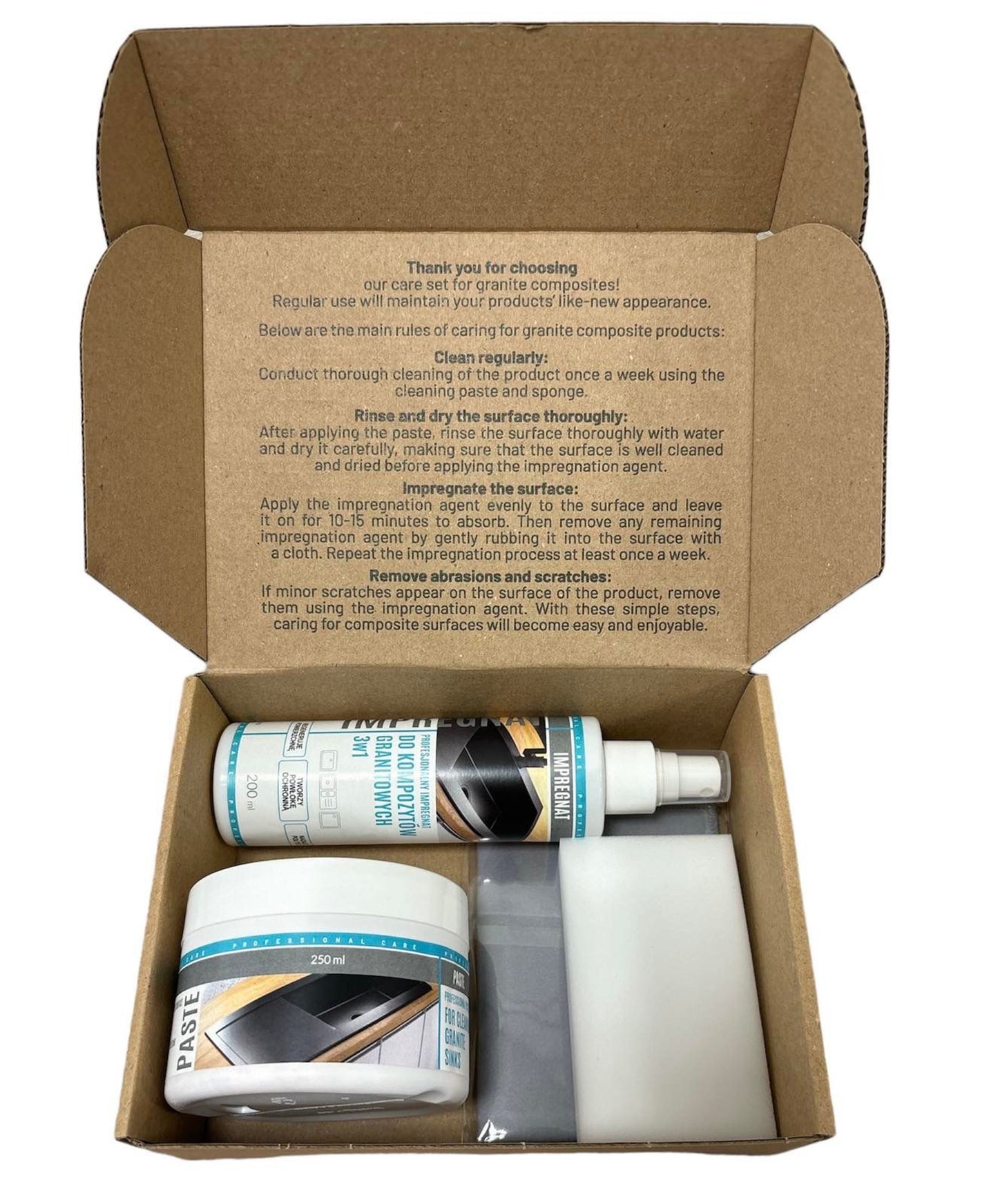 Kit de curatare format din pasta de curatare + ulei impregnant + laveta + burete pentru chiuvete din granit Sandonna