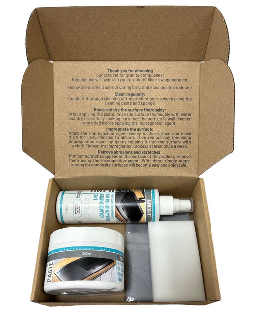 Kit de curatare format din pasta de curatare + ulei impregnant + laveta + burete pentru chiuvete din granit Sandonna