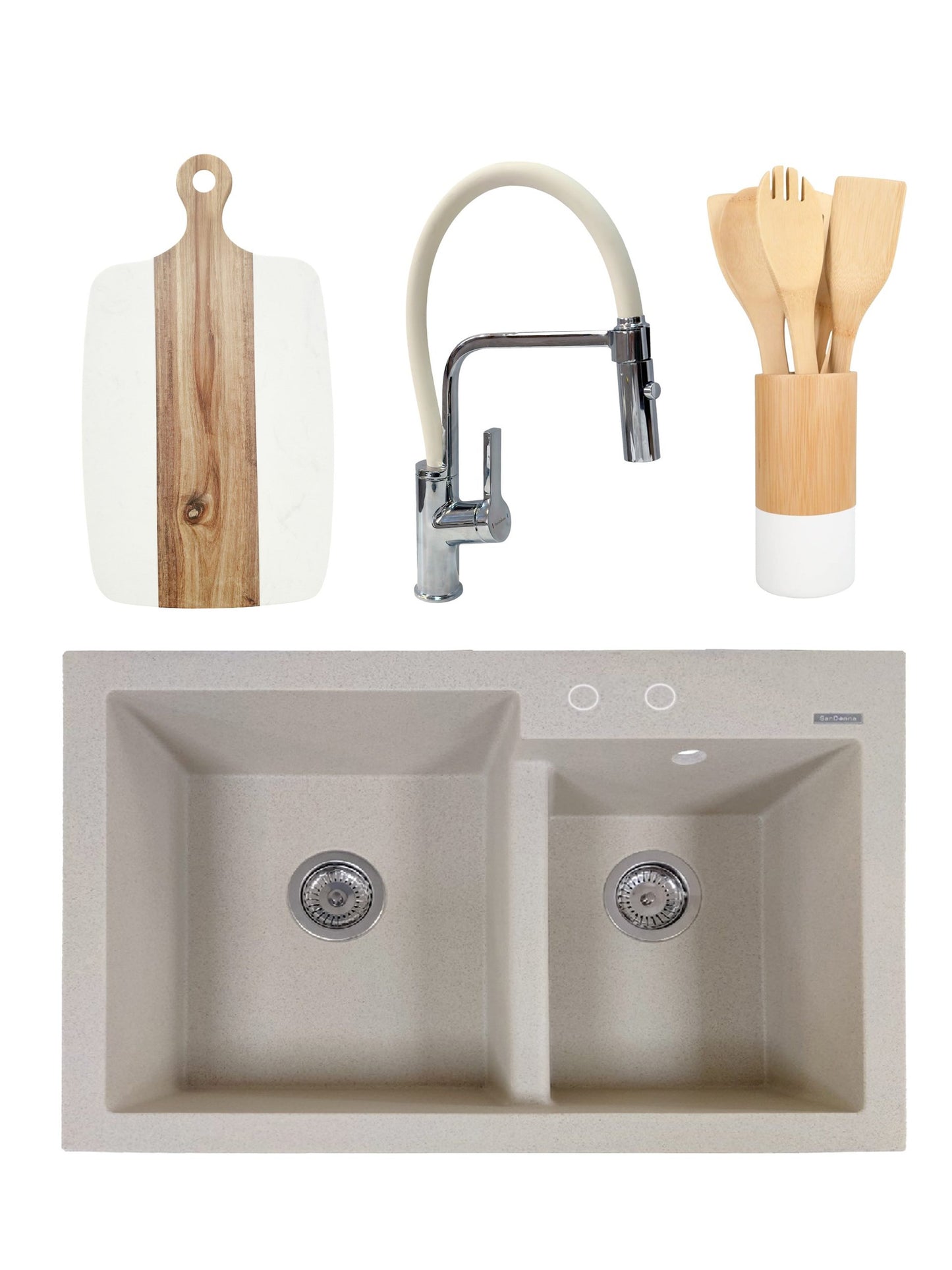 PACHET Chiuveta de bucatarie din granit compozit cu 2 cuve Edyta + Baterie flexibila Andra alb + tocator + ustensile din bambus pentru gatit - Bej