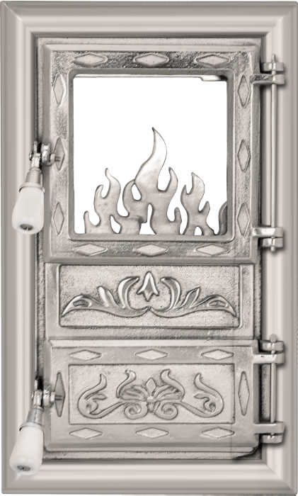 Usa soba ZEP monobloc cu geam, fonta nichelata, 525x310 mm, prindere platbanda