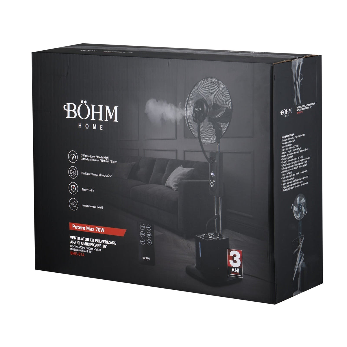 Ventilator cu Pulverizare Apa si Umidificare BÖHM BME-01A, 16 Inch, 70W, Telecomanda