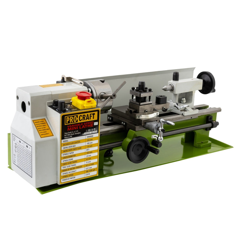 Strung pentru metal ProCraft VMM800, 800W, 350 mm distanta intre centre, 115–1620 rpm, transmisie automata, filetare in inch si metric