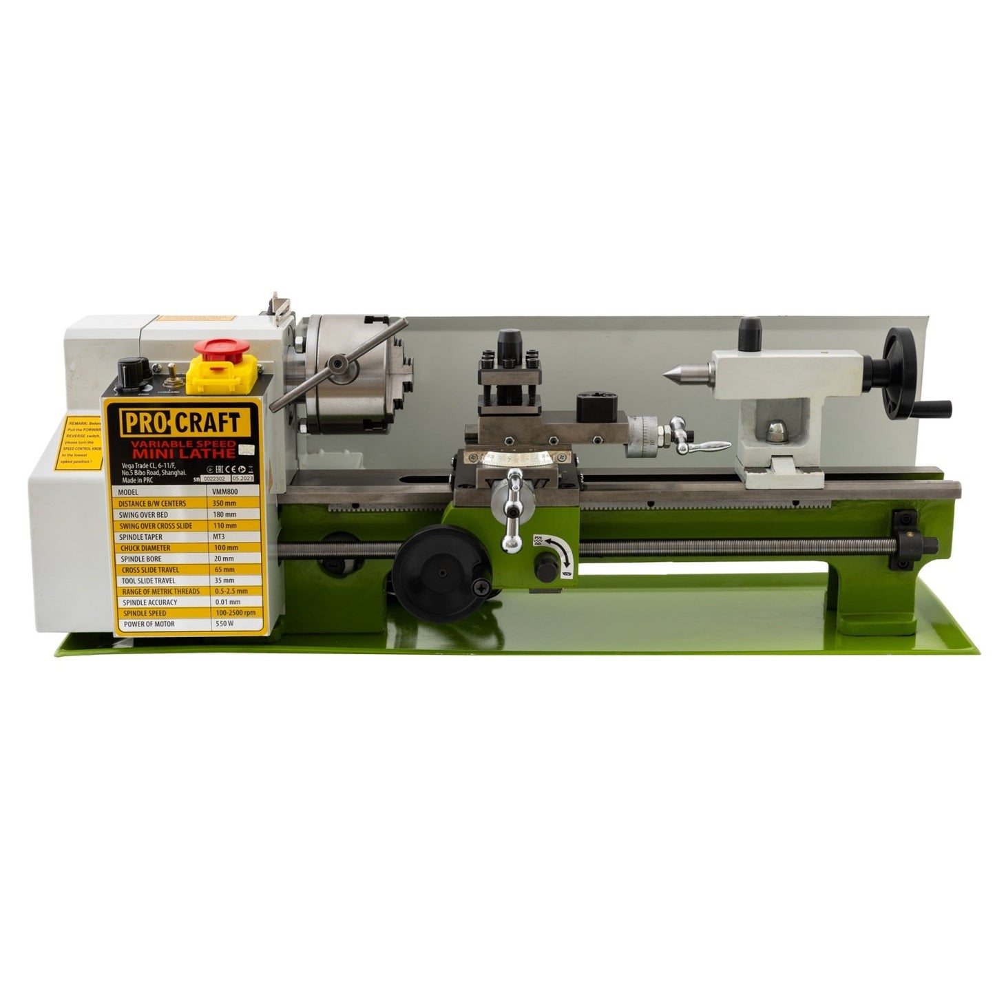 Strung pentru metal ProCraft VMM800, 800W, 350 mm distanta intre centre, 115–1620 rpm, transmisie automata, filetare in inch si metric