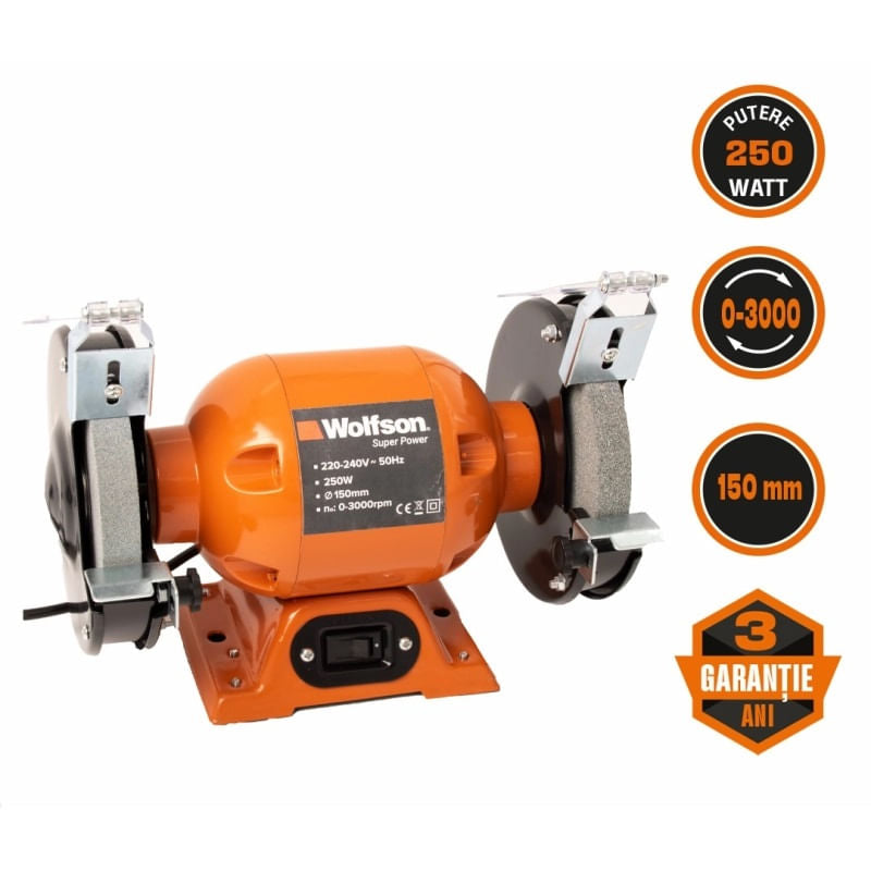 Polizor de banc profesional Wolfson 250W, 150 mm, 3000 rpm, bobinaj cupru