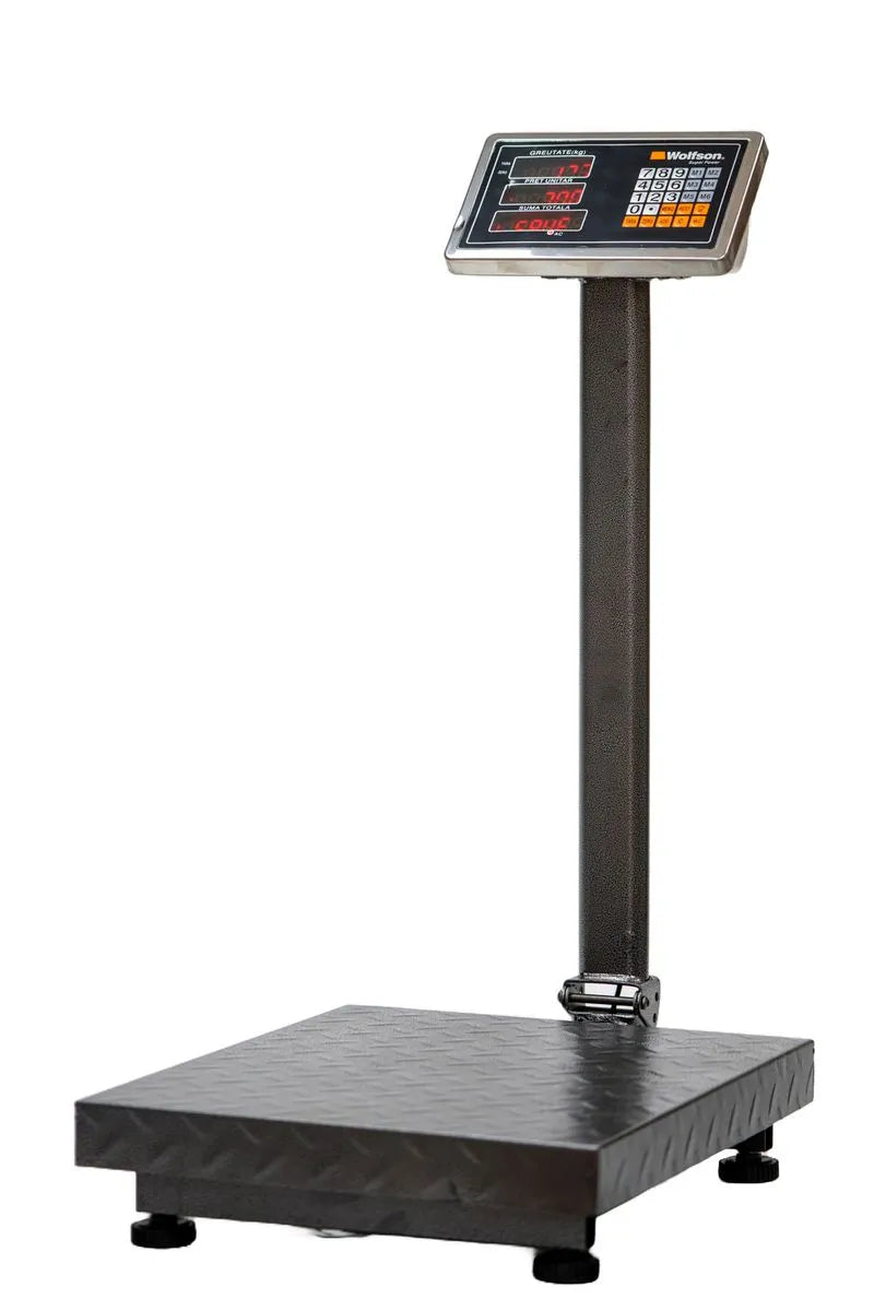 Cantar comercial PROFESIONAL cu brat rabatabil WOLFSON, 350 kg, platforma 40×50 cm, afisaj LCD, baterie + 220V