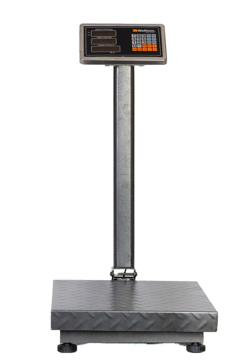 Cantar comercial PROFESIONAL cu brat rabatabil WOLFSON, 350 kg, platforma 40×50 cm, afisaj LCD, baterie + 220V