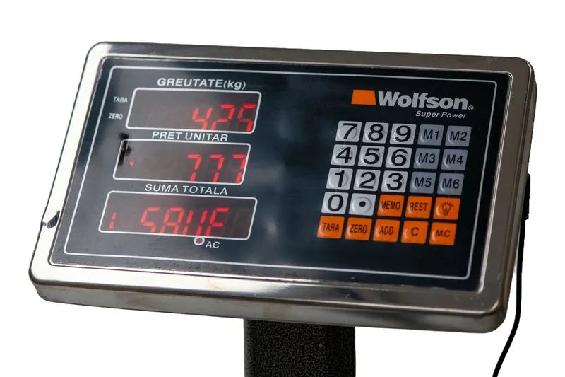 Cantar comercial PROFESIONAL cu brat rabatabil WOLFSON, 350 kg, platforma 40×50 cm, afisaj LCD, baterie + 220V