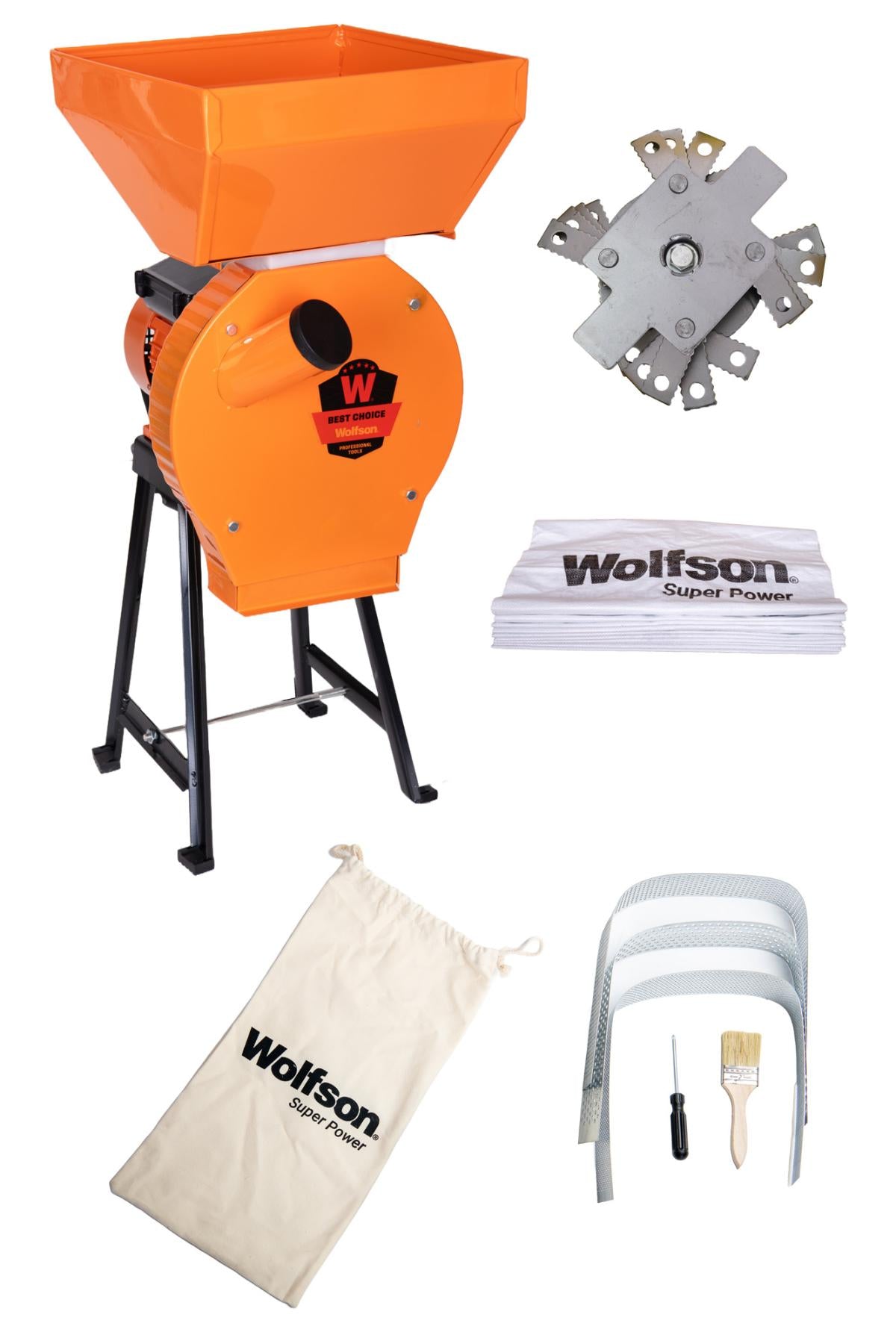 Moara PROFESIONALA WOLFSON MCR-1S, cereale si stiuleți porumb, 2700W, 200 kg/h, cu suport metalic
