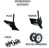 Motocultor pe benzina Wolfson Imperio 8 CP, 212cc, cu plug, rarita si roti transport 4.00x8
