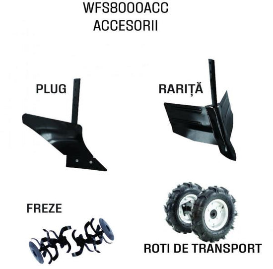 Motocultor pe benzina Wolfson Imperio 8 CP, 212cc, cu plug, rarita si roti transport 4.00x8