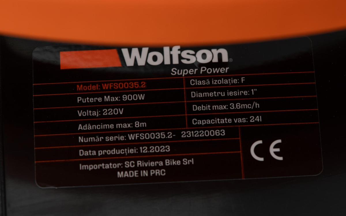 Hidrofor PROFESIONAL cu cap din inox WOLFSON, 900W, vas 24 L, 3600 l/h