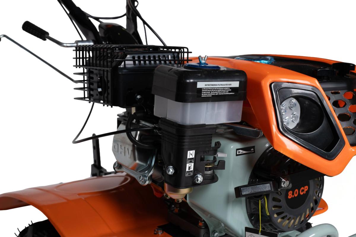 Motocultor benzina WOLFSON Imperio 8001, 8 CP, cu far, freze 24 cutite, plug, rarita, prasitoare, roti metalice si roti transport 6.50x8