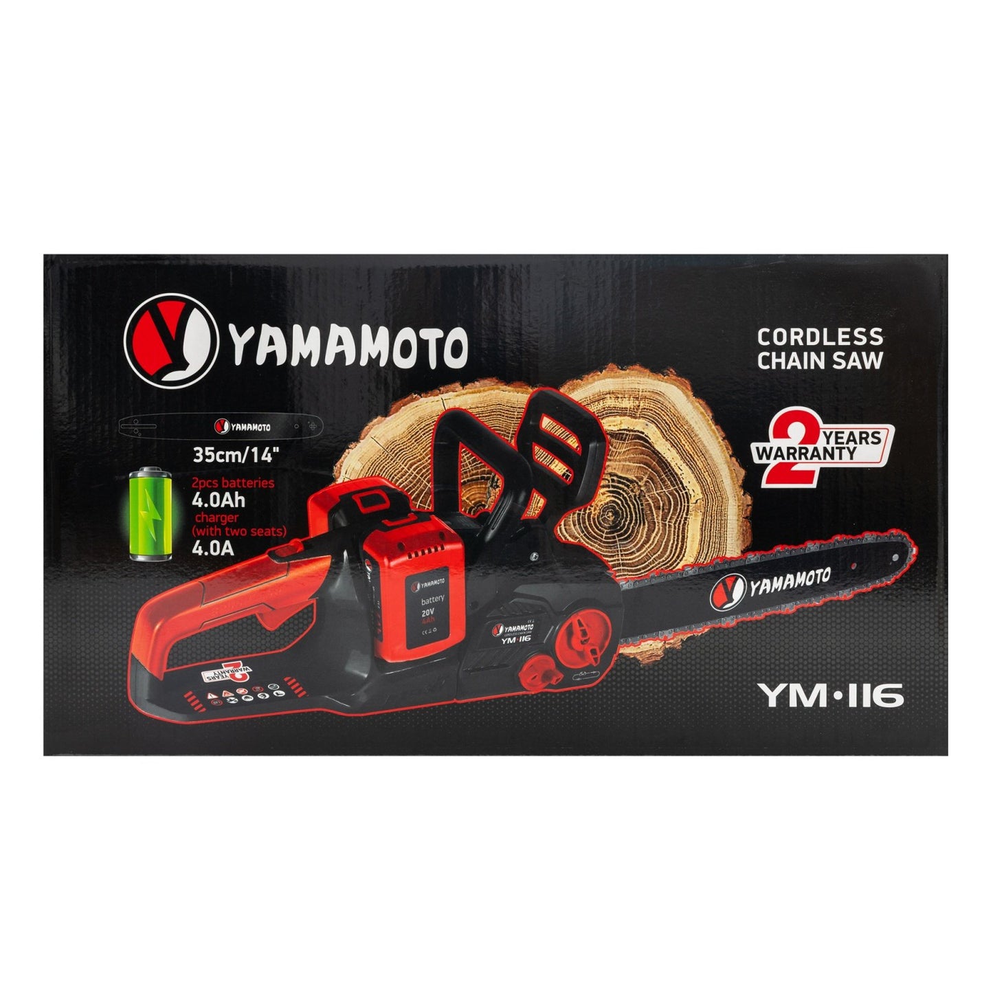 Drujba pe acumulator Yamamoto YM.116, 1600W, 2x 20V 4Ah, lama 35cm, motor brushless