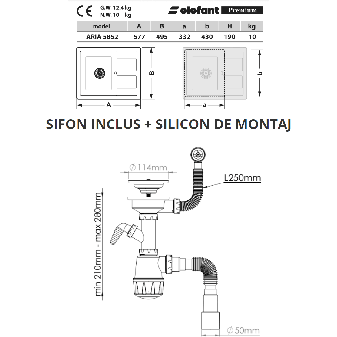 Chiuveta bucatarie, compozit de granit, 497 x 398 mm, Alb, Elefant Premium Korrado - ZEP.RO - Ți-e la îndemână!