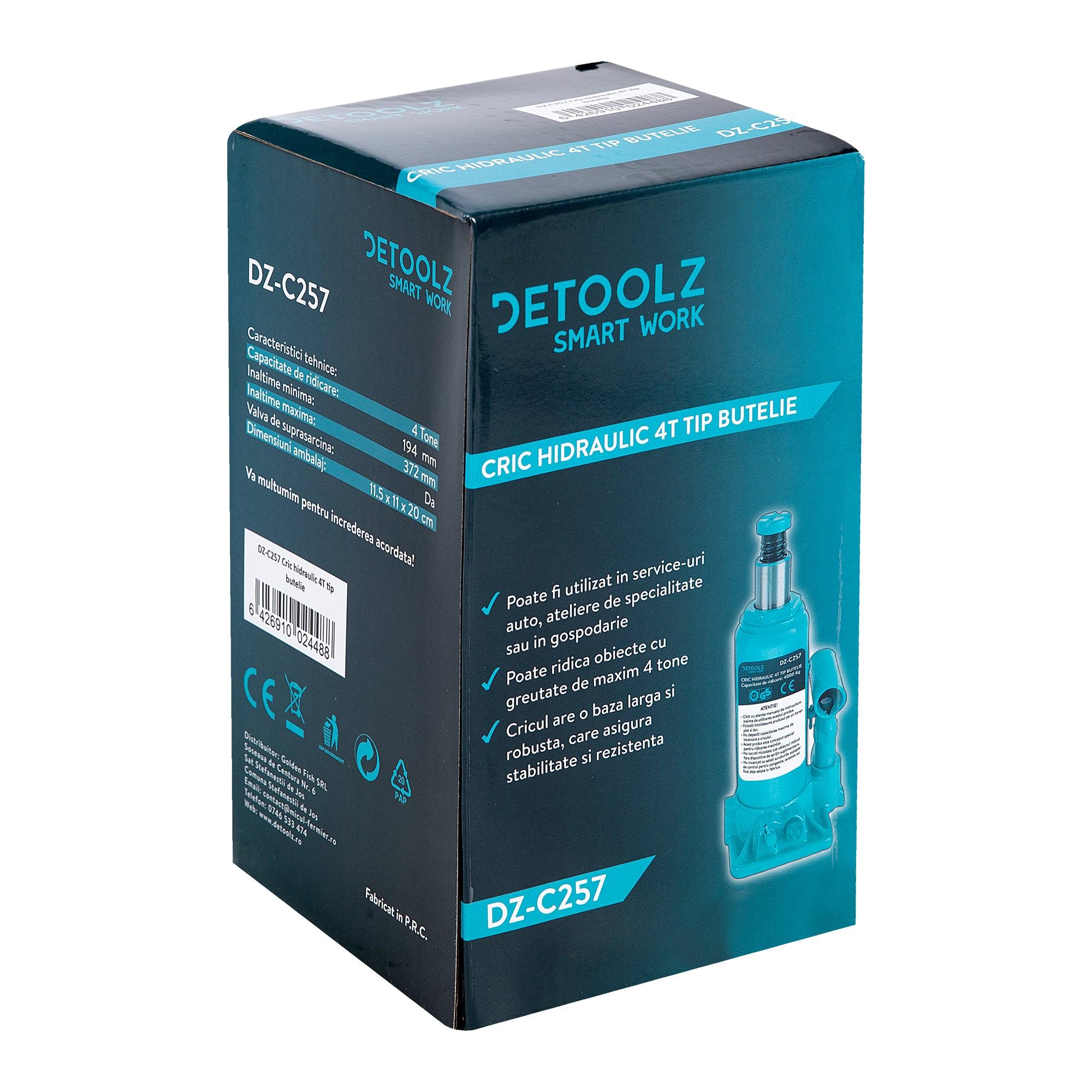 Cric hidraulic tip butelie Detoolz, DZ-C257, 4T, 580x130x210 mm, cu valva suprasarcina - ZEP.RO