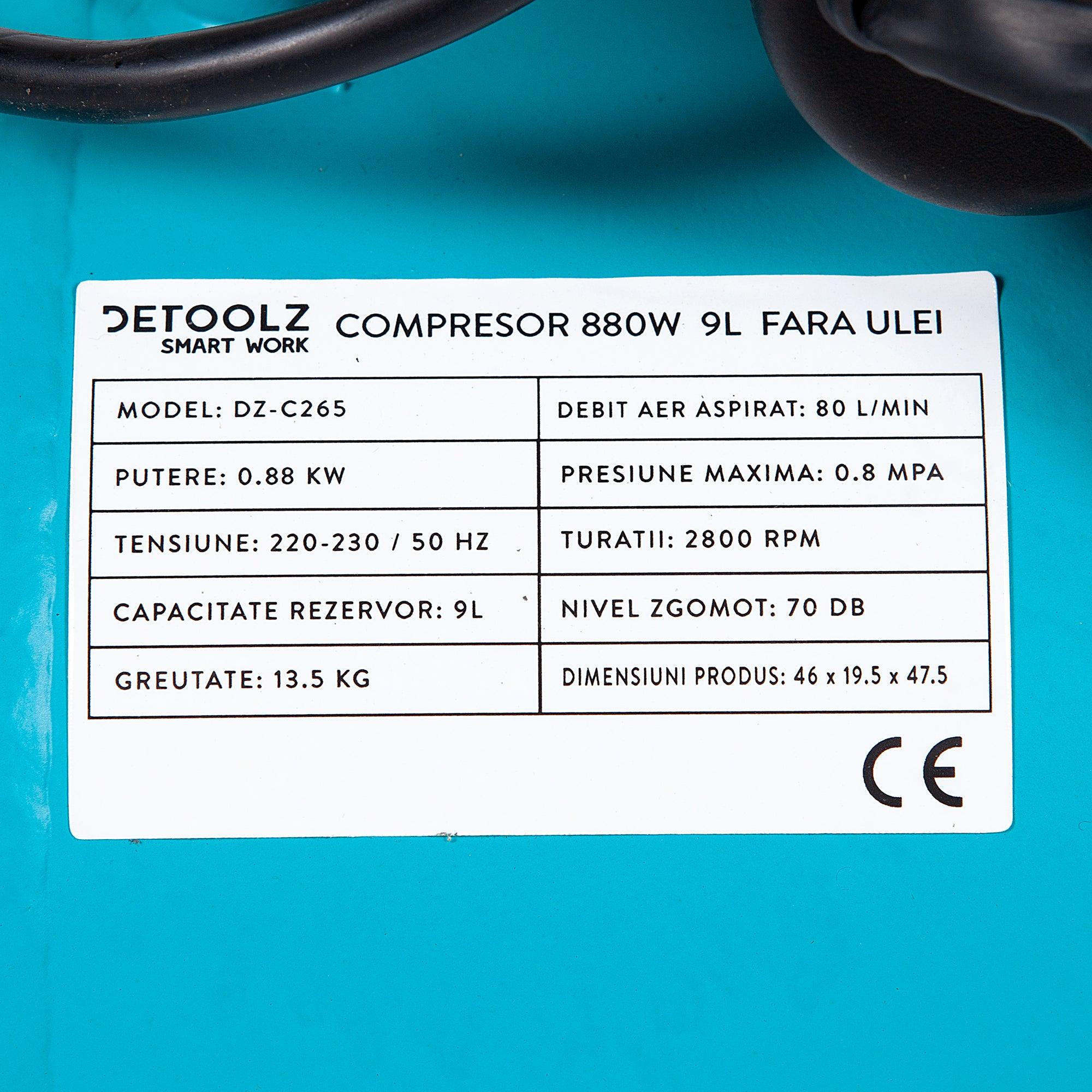 Compresor fara ulei Detoolz, DZ-C265, 880 W 9 L 0.88 KW - ZEP.RO