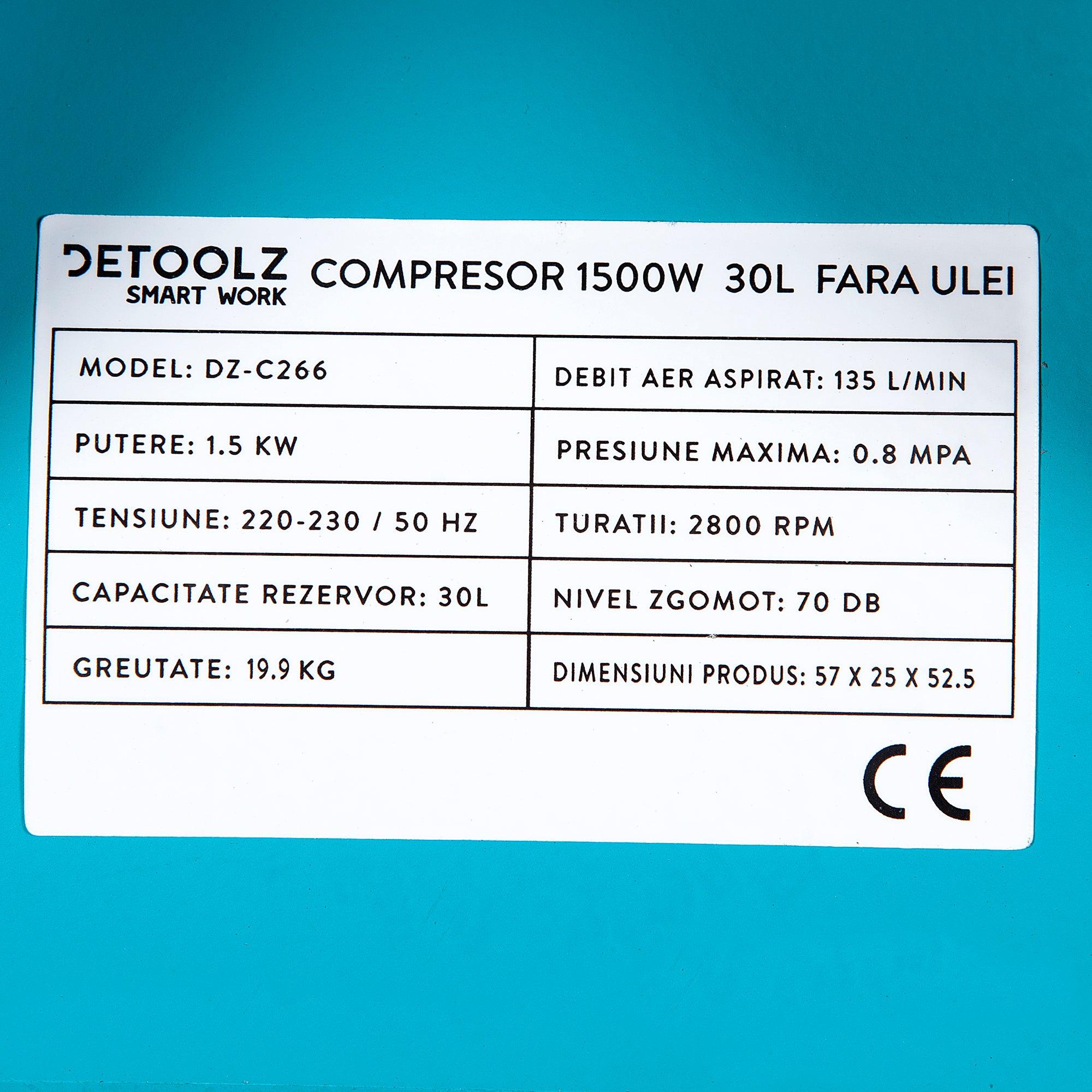 Compresor fara ulei Detoolz, DZ-C266, 1500 W 30 L 1.5 KW 8 bar - ZEP.RO