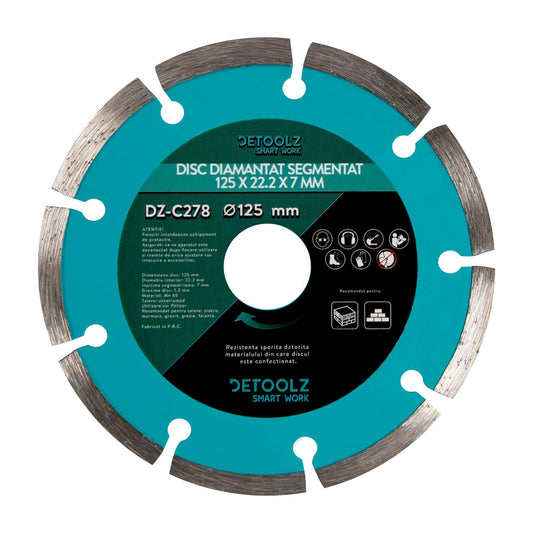 Disc diamantat segmentat Detoolz, DZ-C278, diametru 125 x 22.2 x 7 mm, grosime 1.2 mm - ZEP.RO - Ți-e la îndemână!