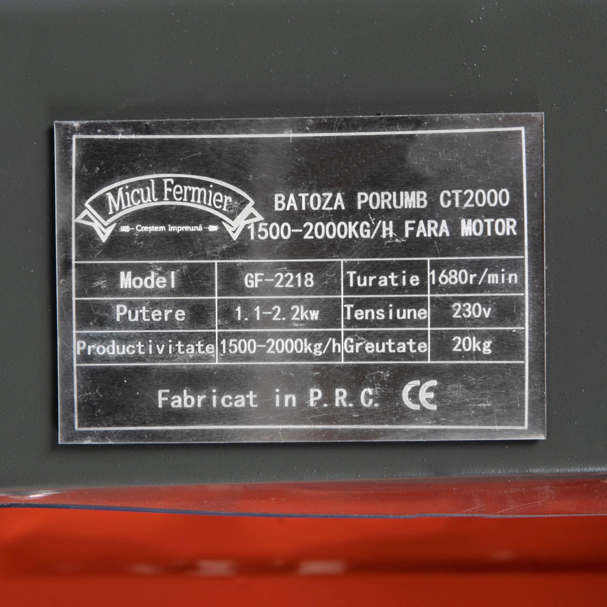 Batoza porumb Micul Fermier CTO2000,1500-2000kg/h, 220V/380V, fara motor - ZEP.RO