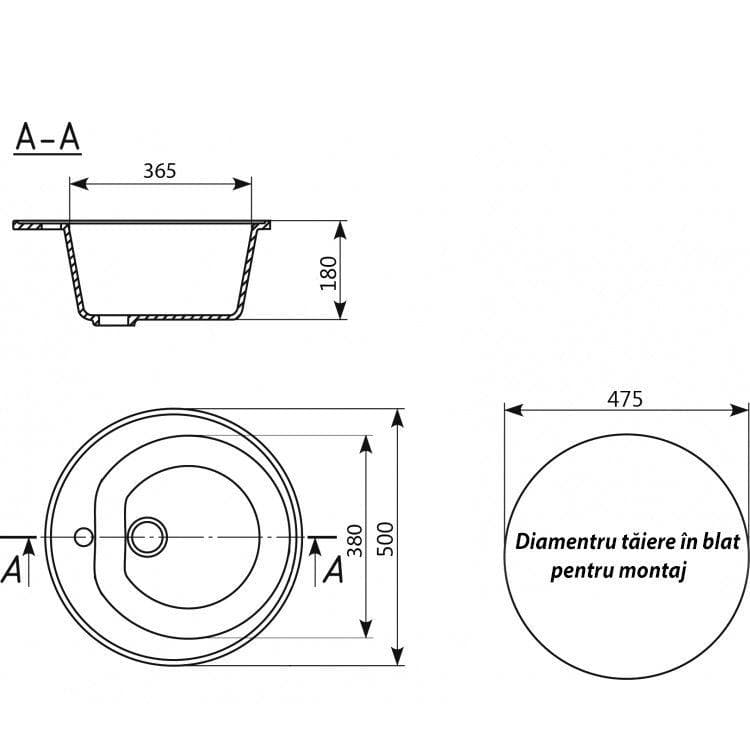 Chiuveta de bucatarie bej, rotunda, cu gaura pentru baterie, Ulgran U-101-328 (EF-677) - Ro-Unelte