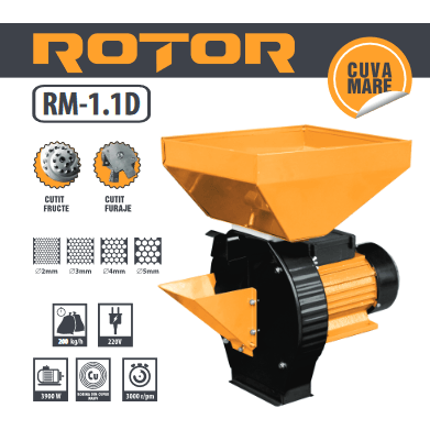 Moara cerale ROTOR RM1.1D, 200kg/ora, 220V, motor 3.9kW inclus - ZEP.RO - Ți-e la îndemână!