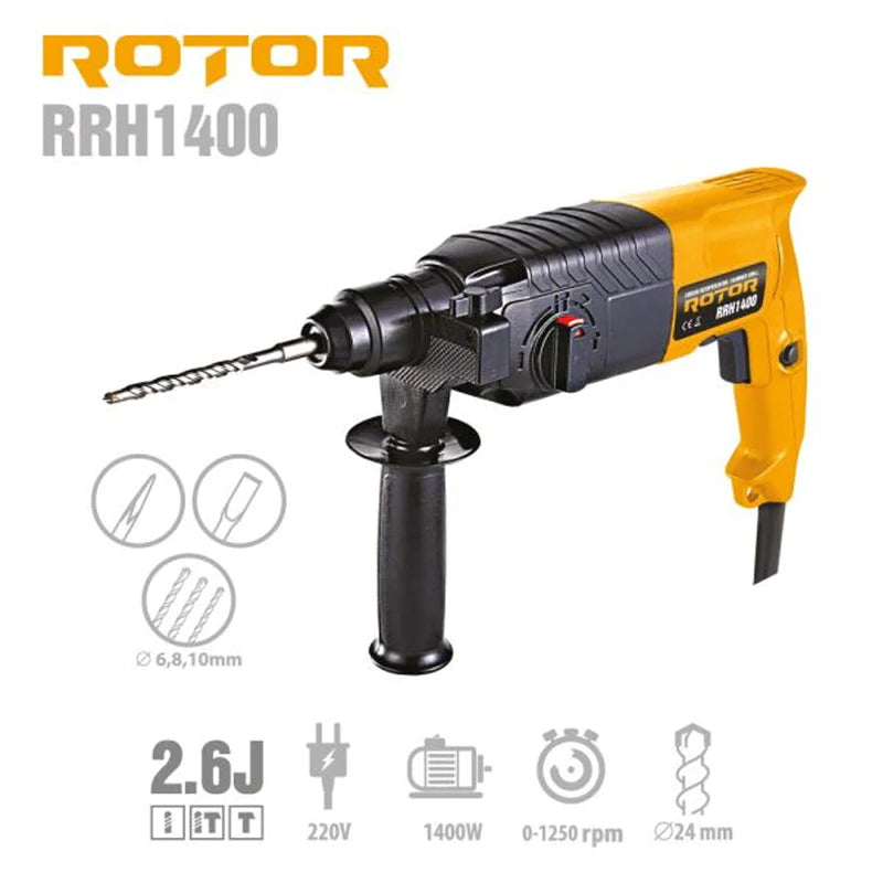 Ciocan rotopercutor ROTOR RRH1400, 1400W, 1250RPM, 3800BPM - ZEP.RO - Ți-e la îndemână!