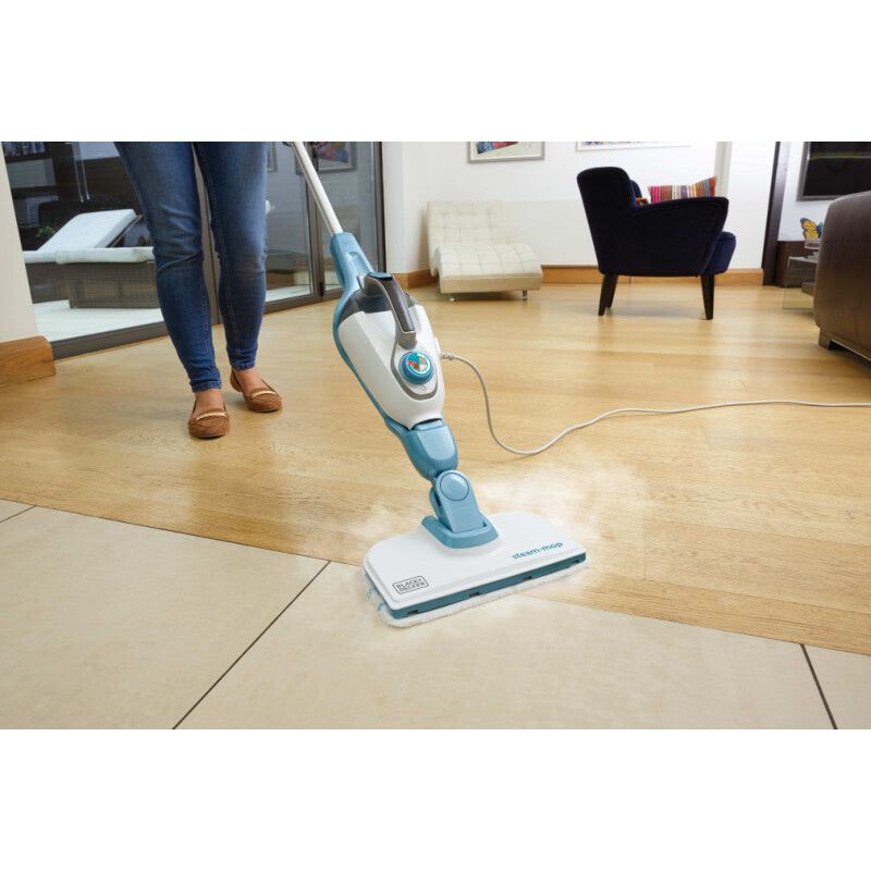 Mop cu abur 9 in 1 Black+Decker 9 in 1, 1300W, 0.5L, SteaMitt, 2 pad-uri, Alb/Albastru - ZEP.RO - Ți-e la îndemână!